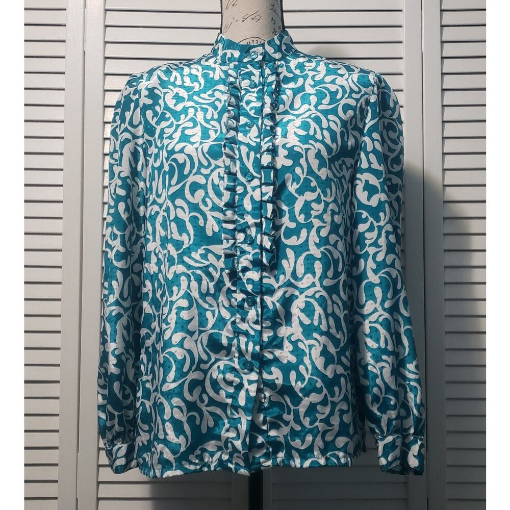 Devon‎ Button-Up Blouse Women's Size 10 Green White Floral Ruffle Front Top USA